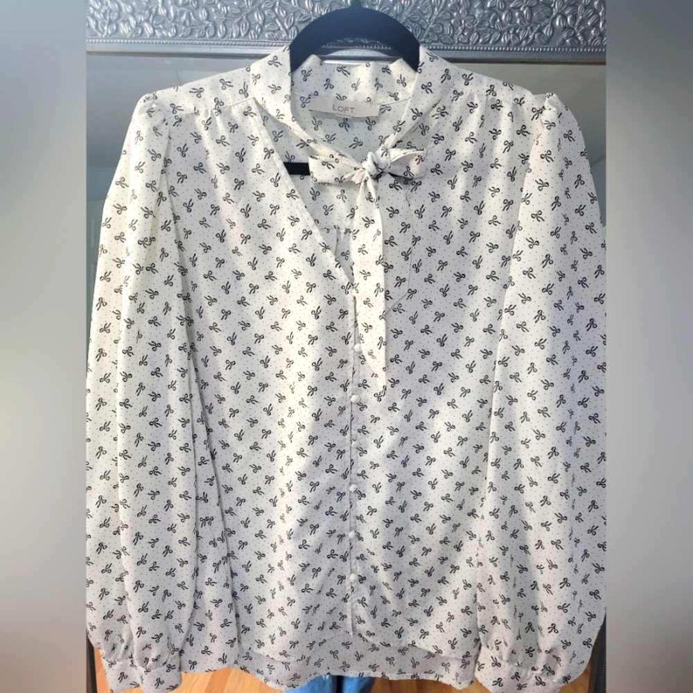 Loft Long Sleeve White Light Weight Blouse with Black Bow Pattern.